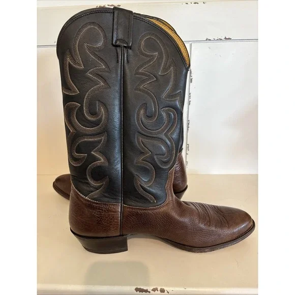 Vtg Nocona Black Brown Leather Western‎ Cowboy Leather Boots Mens SZ 12 B USA